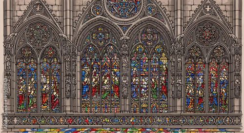 Vibrant stained glass windows in historic Gothic church architecture