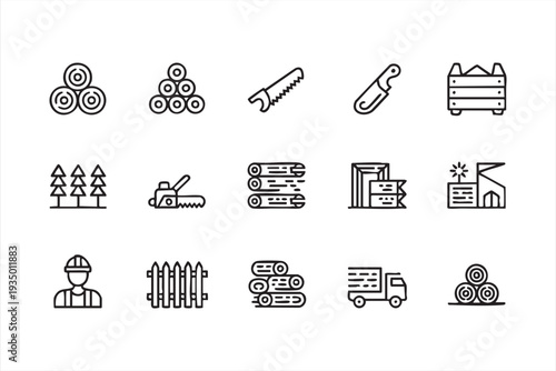 Timber and Lumber Outline Icon Collection with Chainsaw Symbols