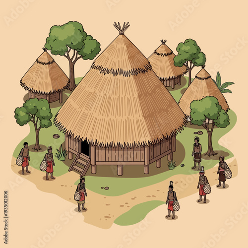 Traditional African village with thatched huts and people.