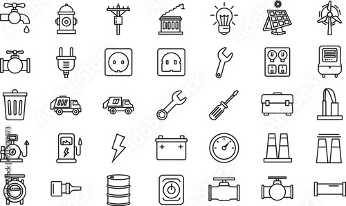 Hand Drawn Energy and Utilities Icon Set with Power Generation Electrical Tools Water Systems and Infrastructure Outline Vector Collection