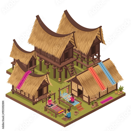 Traditional Southeast Asian Village House with Thatched Roof and Colorful Textiles.