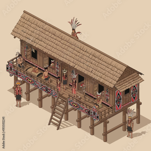 Isometric illustration of a traditional tribal longhouse with people.