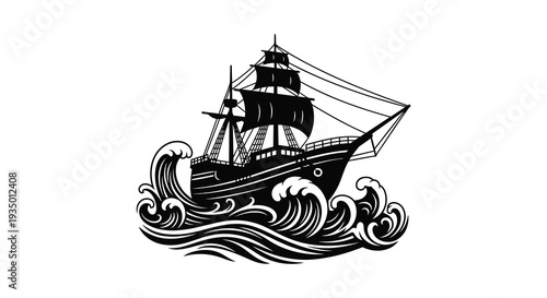 A detailed black and white illustration of a sailing ship navigating stormy waves presented as a silhouette