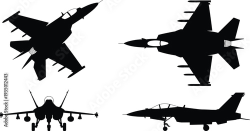 Black fighter jet silhouette set F-16 Falcon various angles top side front rear view military aircraft outline for aviation design logo emblem illustration