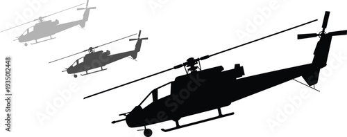 Black military helicopter silhouette set attack chopper AH-1 Cobra various angles side top front view combat aviation outline for logo emblem design illustration