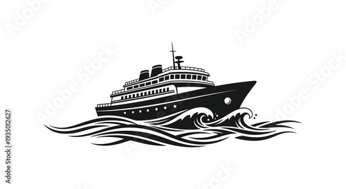 A striking black and white depiction of a cruise ship sailing through stylized waves silhouette high quality