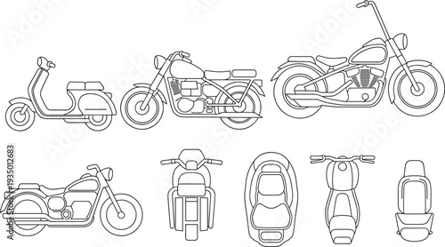 Motorcycle line art set scooter classic chopper cruiser various views side front top rear detailed outlines bike vehicle transport vector illustration for design logos
