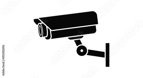 A stark black security camera icon is prominently displayed against a white background a simple silhouette high quality