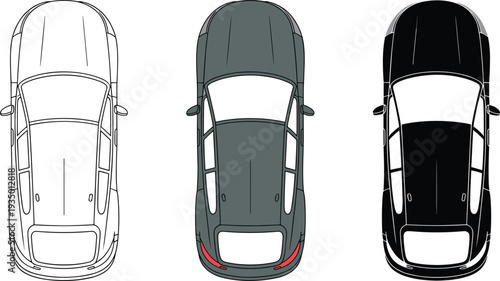 Set of car top view illustrations including outline white line drawing gray filled silhouette black solid shape sedan vehicle from above for design automotive vector pack