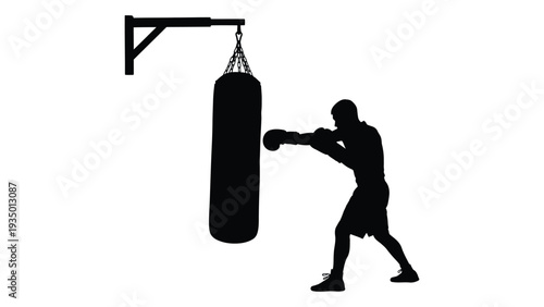 A man is punching a punching bag isolated on white background, Vector