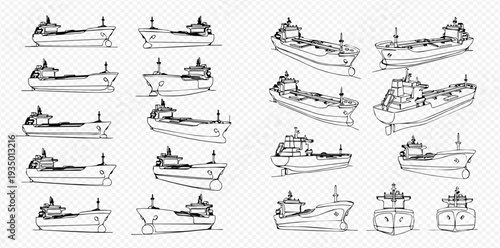 Set of hand-drawn vector illustrations of cargo ships and tankers from various angles, perfect for maritime industry designs.