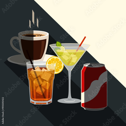 Assortment of refreshing beverages: coffee, iced tea, cocktail, and soda can