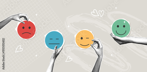 Customer satisfaction feedback scale with emojis. Trendy halftone collage. Modern minimalist design with a neutral background representing emotional well-being.