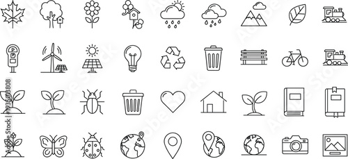 Hand Drawn Environmental and Sustainability Icon Set with Recycling Energy Nature Weather and Eco Living Outline Vector Collection