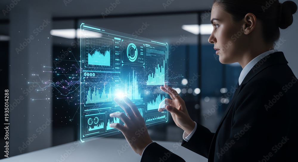 Obraz premium Businesswoman Analyzing Digital Data and Graphs on Futuristic Interface.