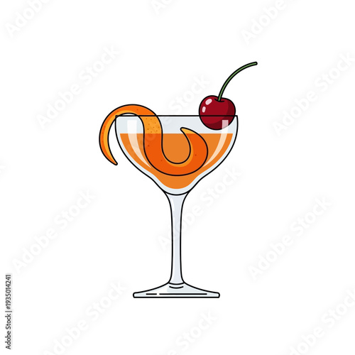 Classic Cocktail with Cherry and Orange Peel Garnish in Coupe Glass