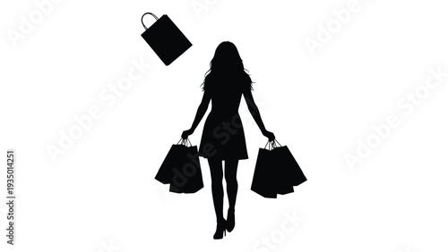 A woman carrying shopping bags in a black silhouette isolated on white background, Vector