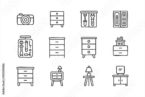 Interior Design Furniture Symbols in Editable Outline Style