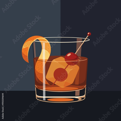 Classic Old Fashioned cocktail with orange peel and cherry on dark background
