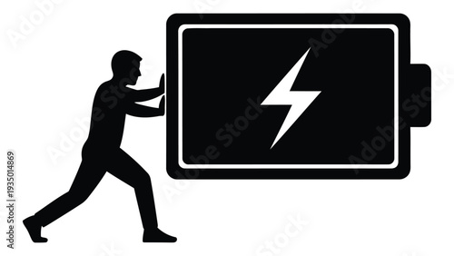 Man pushing a large battery isolated on white background, Vector