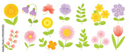 Collection of colorful floral elements in flat color. Set of spring and summer wild flowers, plants, branches, leaves and herb. Hand drawn of blossom vectors for decor, website, graphic and shop.