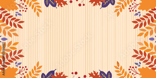 Autumn foliage border with leaves and berries on a striped background