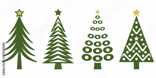Four stylized christmas trees in varying shades of green and gold
