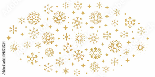 Golden snowflakes and stars scattered across a bright white background