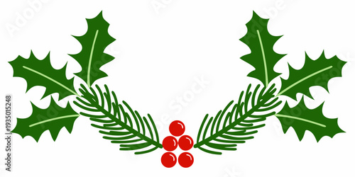 Festive holly branch with red berries and pine needles illustration