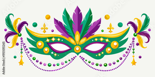 Colorful mardi gras mask with feathers beads and glittering embellishments