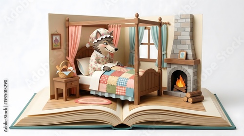 3D paper craft pop-up book of Little Red Riding Hood fairy tale featuring the big bad wolf in grandmother's bed