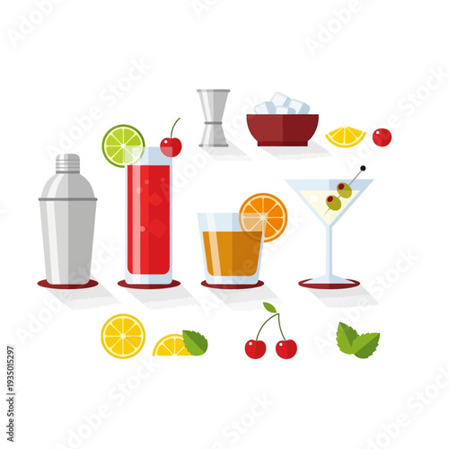 Cocktail Party Flat Design: Drinks, Shaker, Garnishes, Ice, Bar Tools