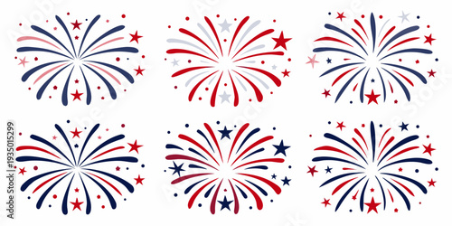 A collection of vibrant stylized fireworks in patriotic red white and blue