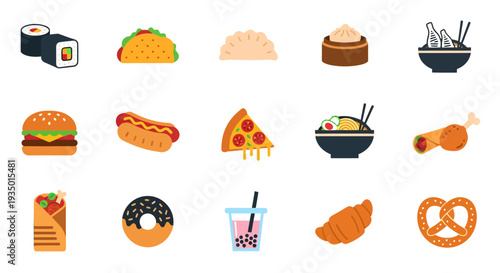 Set of Popular International Fast Food and Snacks Flat Icons Isolated on White Background