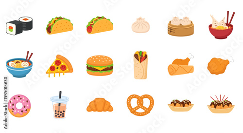 International Food and Snacks Vector Illustration Set - Popular Fast Food, Asian Cuisine, and Desserts Icon Collection