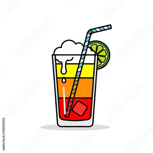 Colorful layered cocktail with ice, lime slice, and straw in a tall glass, isolated on white