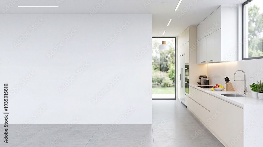 Fototapeta premium Modern Contemporary kitchen room interior .white and cream color material 3d render