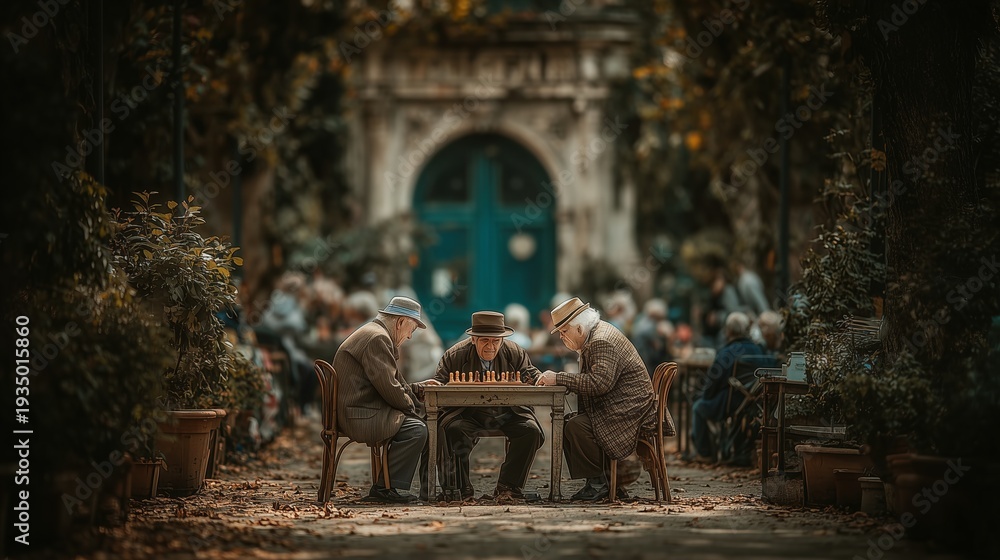 Naklejka premium Group of elderly people happily playing chess in a sunlit park, active senior lifestyle and social engagement concept for dementia prevention, commercial photography style