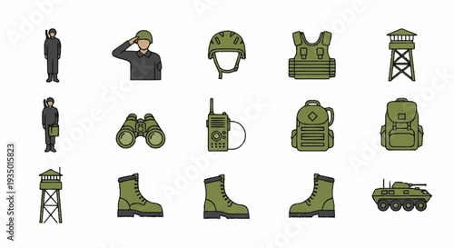 Military equipment and personnel icons set in olive green.