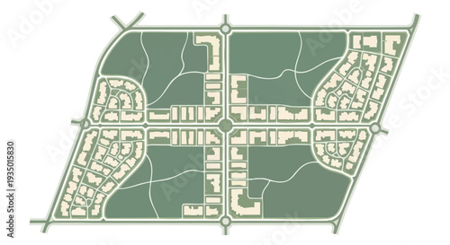 Stylized Urban Plan Layout: Modern City Map with Residential Districts, Roads, and Green Areas