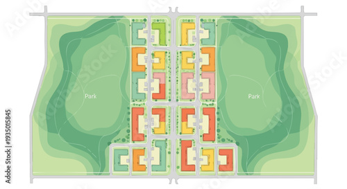 Modern Residential Development Master Plan with Colorful Buildings and Green Parks
