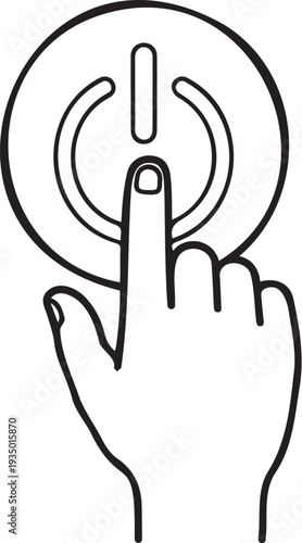 Simple black and white illustration of a hand pressing a power button on a device or machine startup or shutdown process
