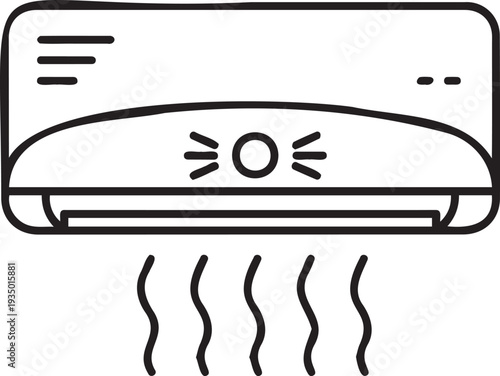 Simple black line drawing of an air conditioner blowing cold air into a room for cooling and comfort purposes effectively