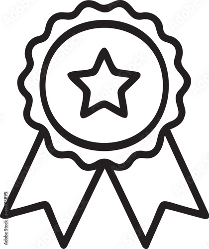 Simple black and white rosette icon symbolizing achievement and excellence with a star emblem in the center representing quality assurance.