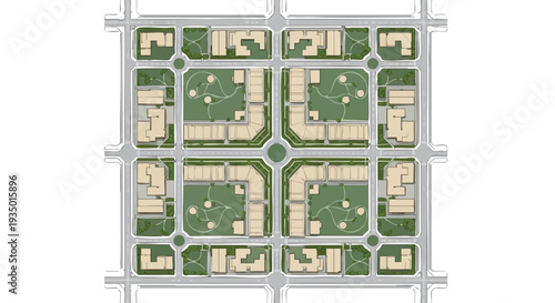 Urban Planning Aerial View: Modern Residential City Layout with Grid Roads, Green Spaces, and Roundabouts