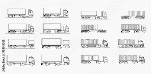 Set of various line art truck icons for transportation and logistics, isolated on a transparent background.