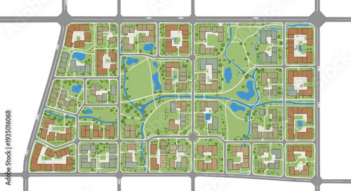 Modern Urban Master Plan Layout with Residential Buildings, Green Parks, Ponds, and Roads - Ideal for City Planning & Real Estate Concepts