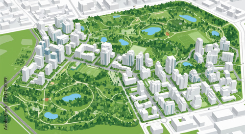 Sustainable Green City Master Plan: Aerial Illustration of Modern Residential Buildings Integrated with Large Parks, Lakes, and Sports Fields