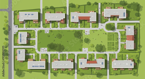 Sustainable Modern Residential Community Master Plan: Aerial View of Eco-Friendly Neighborhood with Solar Houses, Green Spaces & Community Gardens