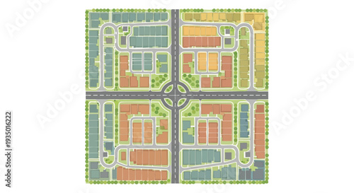 Planned Community Aerial Map Vector Illustration: Modern Residential Neighborhood Layout with Green Spaces and Streets